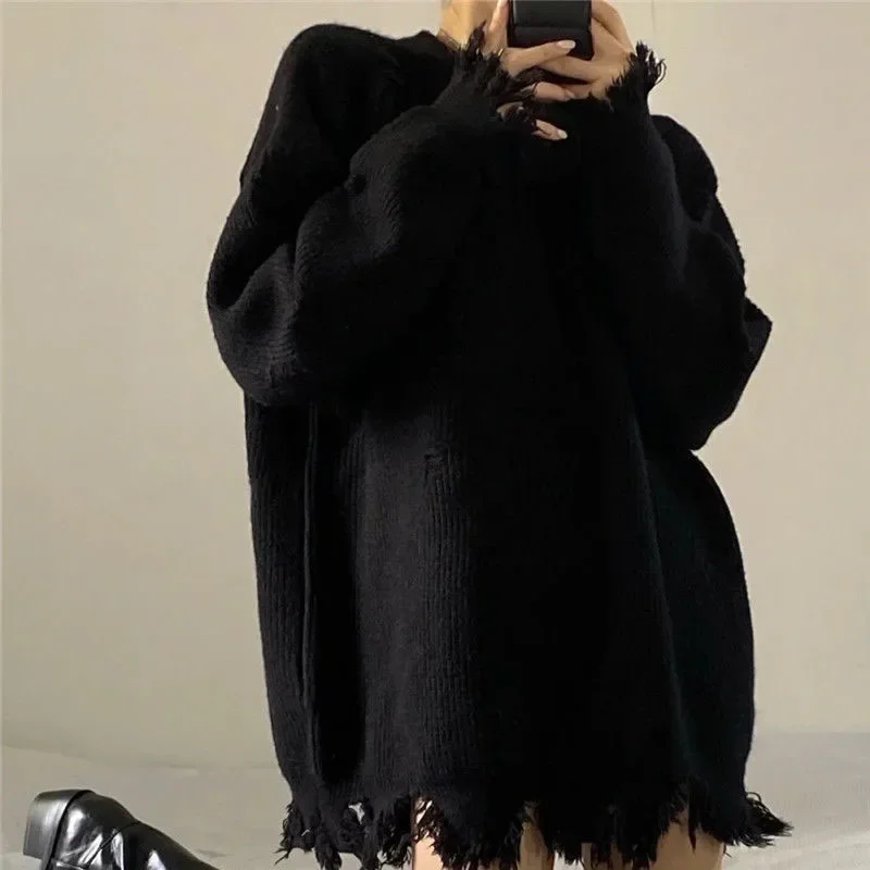 GIDYQ Black Tassel Knitted Sweaters Women Vintage O Neck Gothic Punk Pullovers Y2k Streetwear Loose All Match Jumpers Autumn New