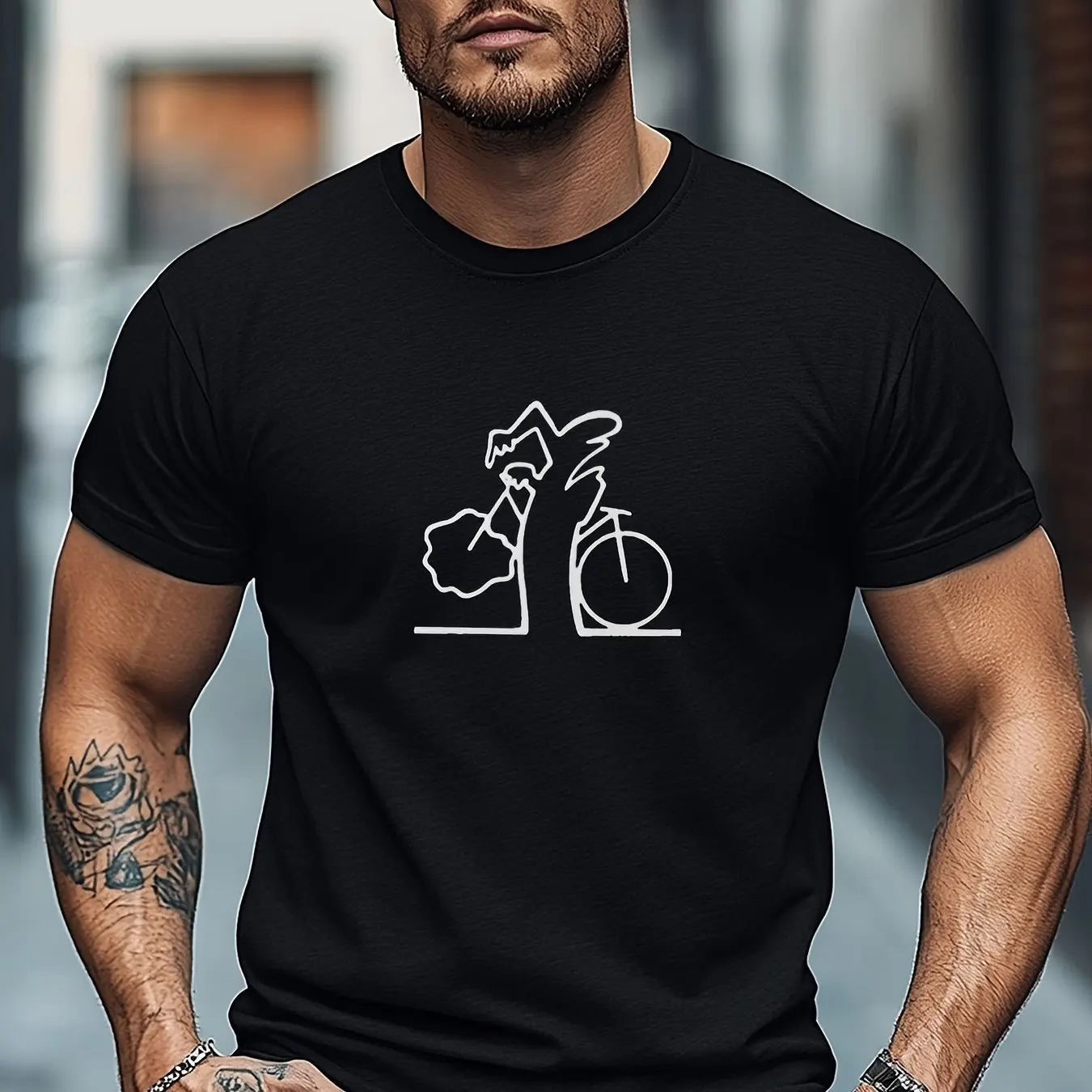 Men Casual Short Sleeve T-Shirt with Bicycle Rider Graphic Print - Black White Cycling Design Round Regular Fit All-Season