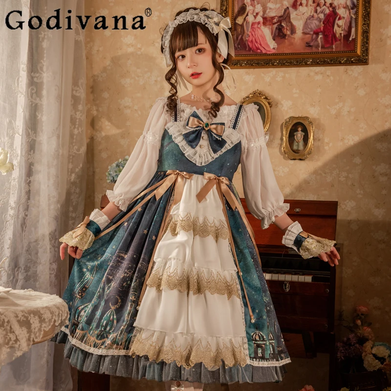 

Lolita Court Retro Slash Neck Temperament Jsk Princess Long Dress Spring Autumn High Waist A-line Sweet Lace Suspender Dresses