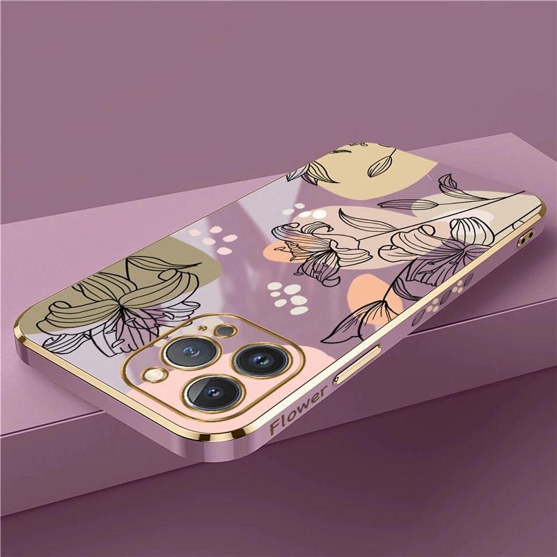 Plating Lens Protection Phone Case For iPhone 14 13 Pro Max 12 11 MiNi XR XS X 7 8 plus SE Silicone Flower Shockproof Back Cover