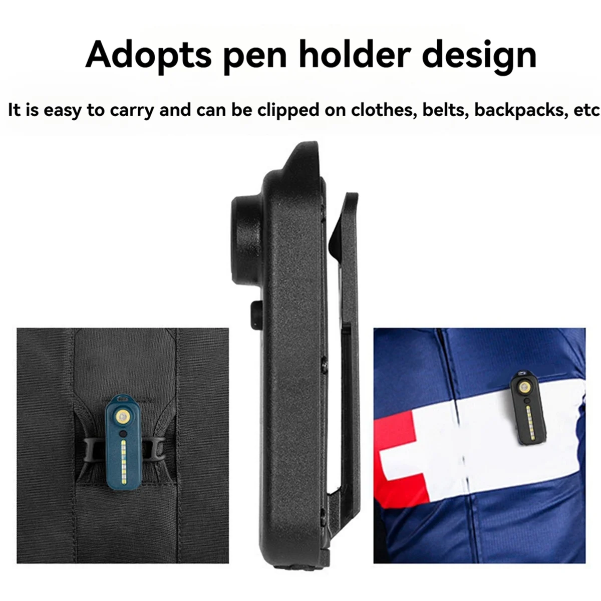 【A45D】Latarka z klipsem do noszenia na piórniku, światło ostrzegawcze, ładowalna latarka, wielofunkcyjna latarka z paskiem na ramię B