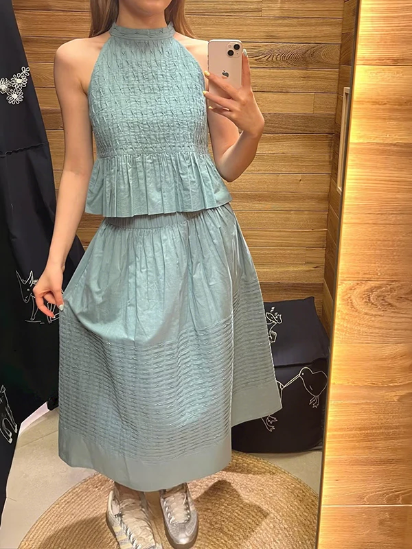 

Summer Women's Fashion Set with Puffy Sleeveless Top And Half Skirt with Lace Trim High Waist Short Length No Brand Registered
