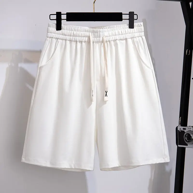 

Летние однотонные модные прямые брюки в винтажном стиле, трендовая женская одежда, шорты из ледяного шелка с эластичным поясом на шнурке, свободные повседневные