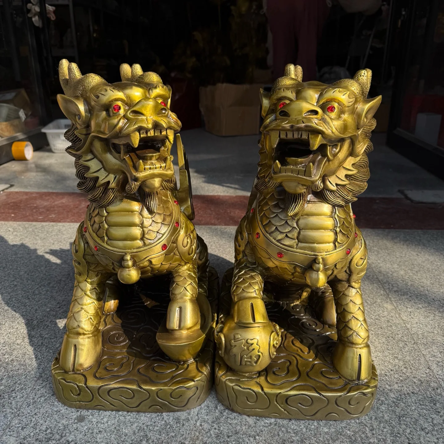 

18"Tibetan Temple Collection Old Brass Kirin Statue Qilin Divine Beast A Pair Amass wealth Ornaments Town house Exorcism