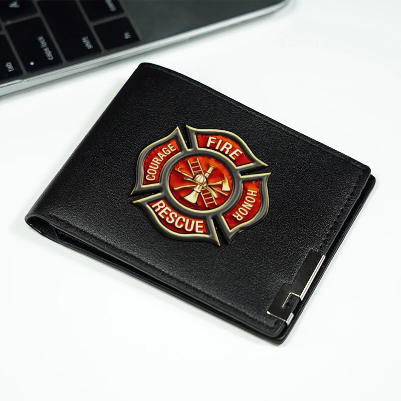 소방 구조 엠블럼 PU 가죽 지갑 남성용 슬림 비즈니스 스타일 내구성 경량 일상 사용 현대적 디자인