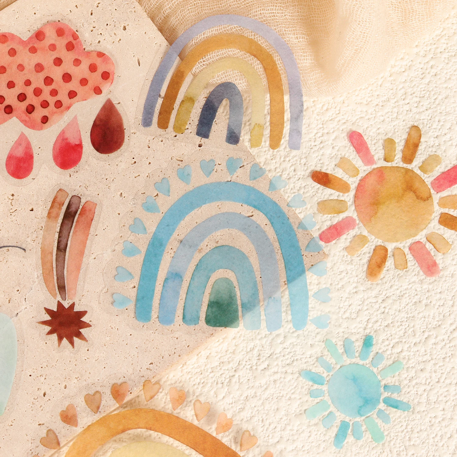 56-58 Stück PET Boho Aquarell Regenbogen Transparente Aufkleber, für Wasserflaschen, Laptops, Helme, Regenbogen-Wandkunst, Scrapbooking. – Detail 2