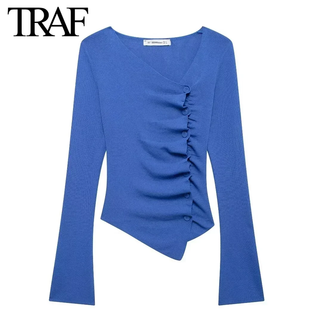 TRAF Women Fashion Irregular Solid Fold Long Sleeved Single Breasted V-neck Knitted Sweater Cardigan Chic Female Knit Coat