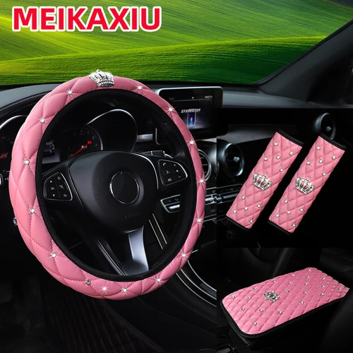 Imagen 1 del producto 4 piezas de cuero suave con incrustaciones de diamantes Flash IQ Crown Car sin anillo interior protector para volante cubierta de hombro almohadilla para reposabrazos