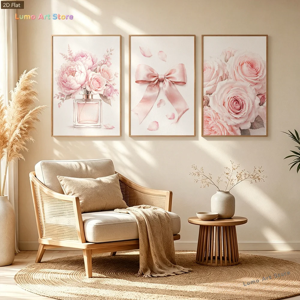 2D Flat, 2D/Flat 3pcs Soft Pink Floral Perfume Bottle Wall Art, Luxury Romantic Canvas Print for Bedroom Headboard, Entryway