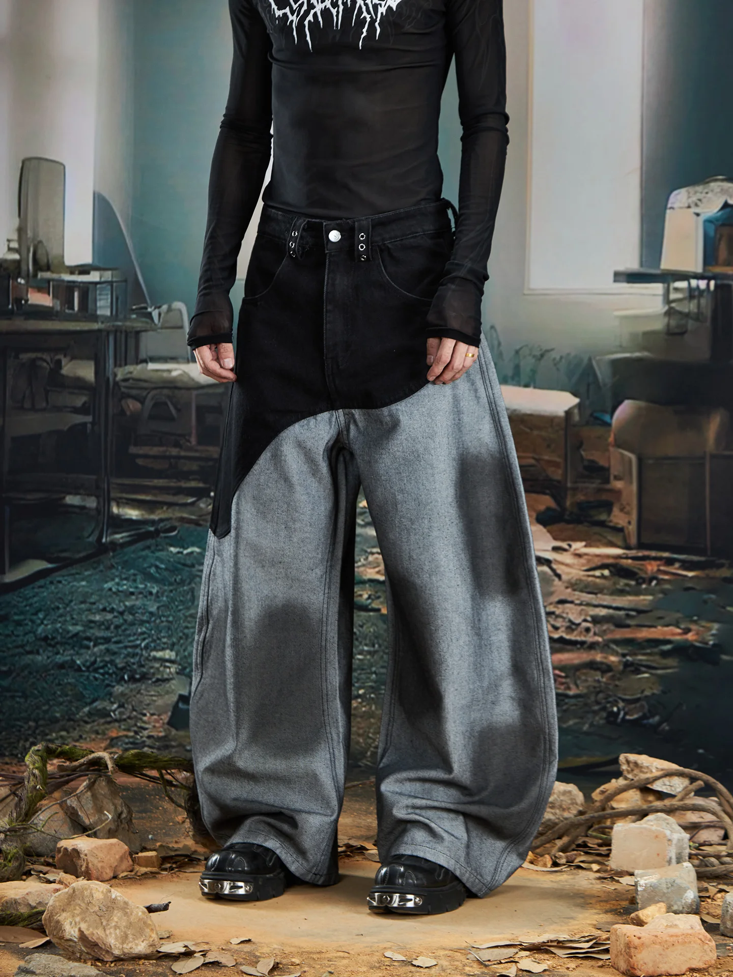 

Design Light Asia Niche Stitching Contrast Color Spray Painting Wide Leg Machete Jeans Trousers Men's and Women's Pants Fashion