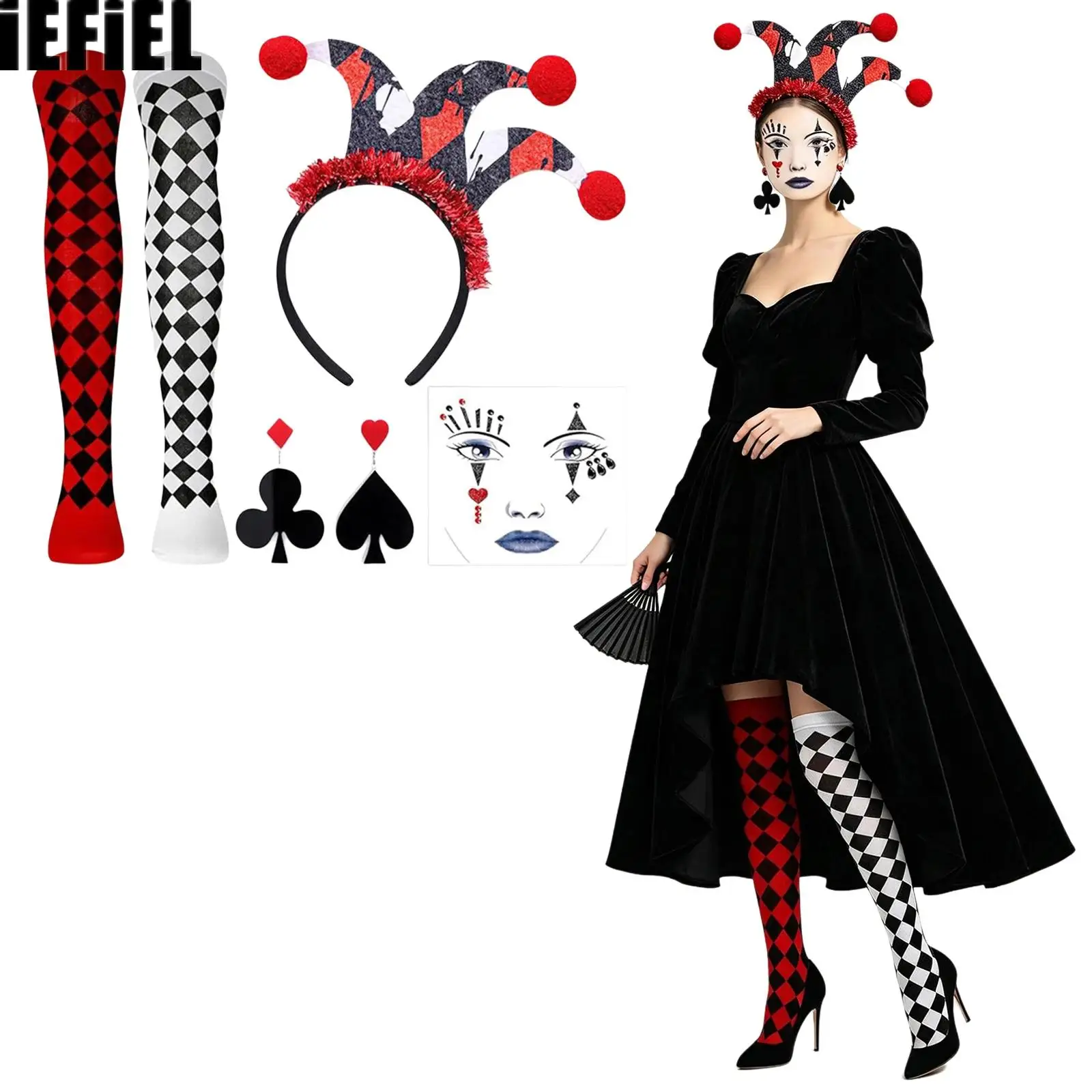 Women Clown Cosplay Costume Props Accessories Set Color-blocked Stockings Hair Hoop Earrings And Tattoo Sticker for Halloween