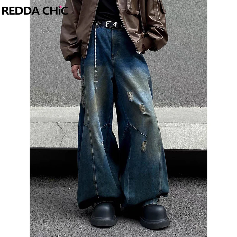 

REDDACHIC Men Backwards Ripped Baggy Jeans Patchwork Vintage Wide Leg Casual Inverted Pants Upside Down Y2k Hiphop Streetwear