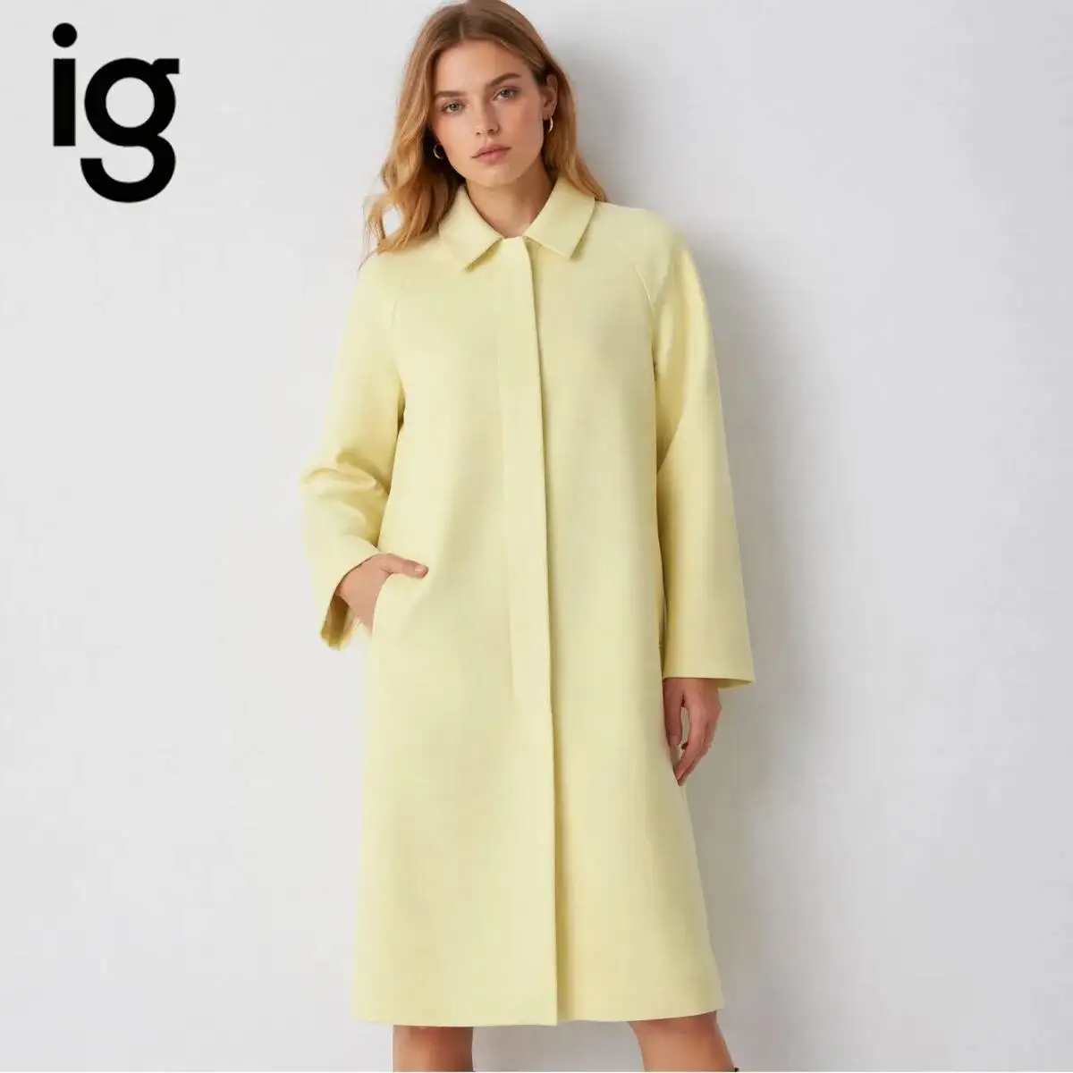 IG Women Solid Color Midi Trench Coat Lapel Collar Raglan Long Sleeve Hidden Button Loose Oversized Lightweight Windbreaker