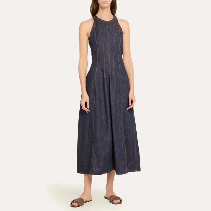 

Women's Sleeveless Round Neck Denim Dress, Fashion Slim, High Quality Cotton Long Dress, 2024, Summer, New, Y2K