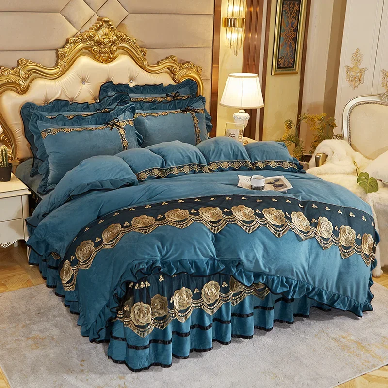 Solid Color Crystal Velvet Duvet Cover Set Luxury Plush Soft Warm Lace Bedding Set Home Quilt/Comforter Cover Pillowcases 1/3Pcs