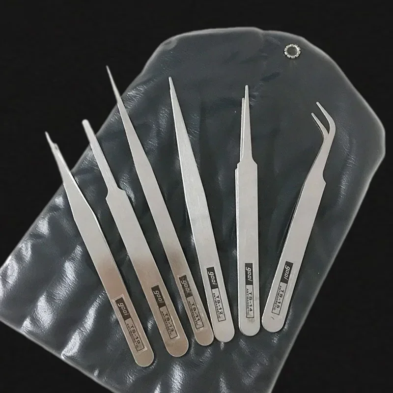 6-teiliges Pinzetten-Set aus Edelstahl, antistatisch, präzise mit geradem Kopf und Biegefunktion, DIY-Werkzeug für die Reparatur von Mobiltelefonen und Schmuck.