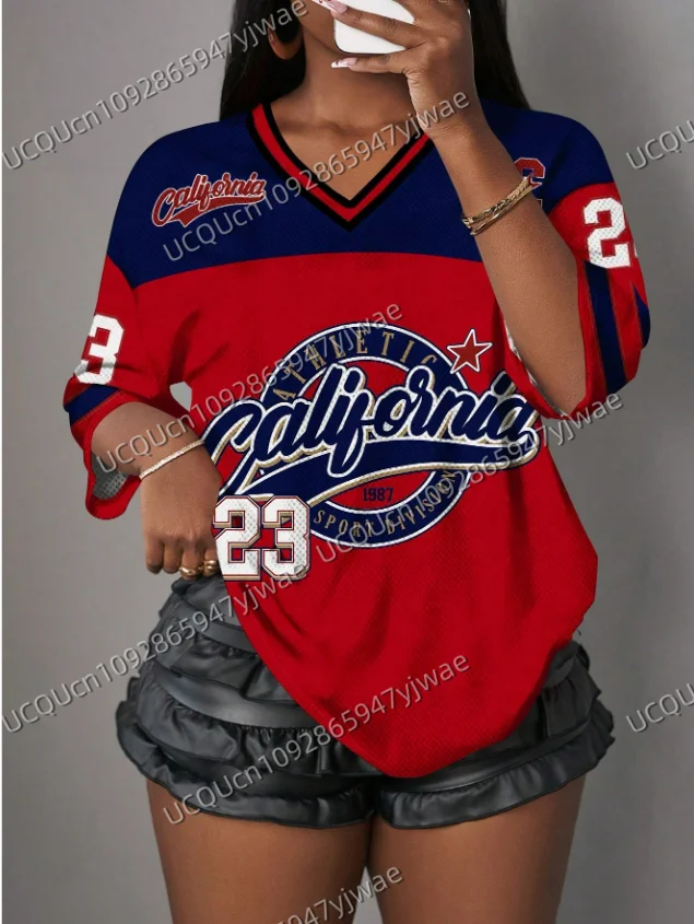 Women's V-Neck Sporty Jersey T-Shirt Casual California Print NO.23 Summer Casual Wear Sports  Mesh T-shirt Tops