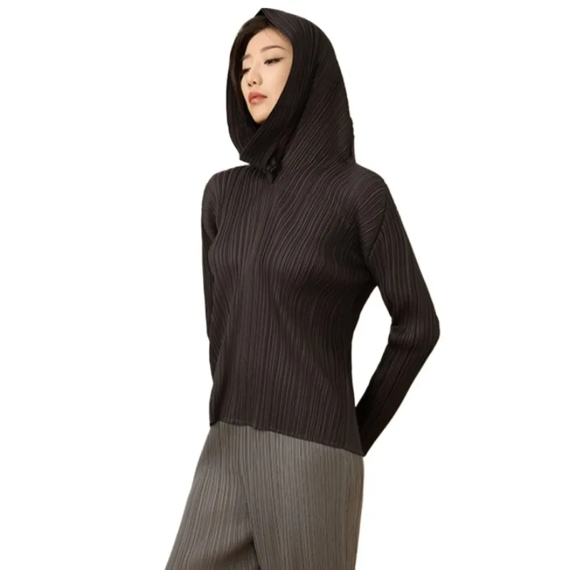 

Miyake Pleated Top 2026 New Irregular Hooded Collar Long Sleeve T-Shirt Simple Pullover Sweatshirt Lightweight Women Clothing