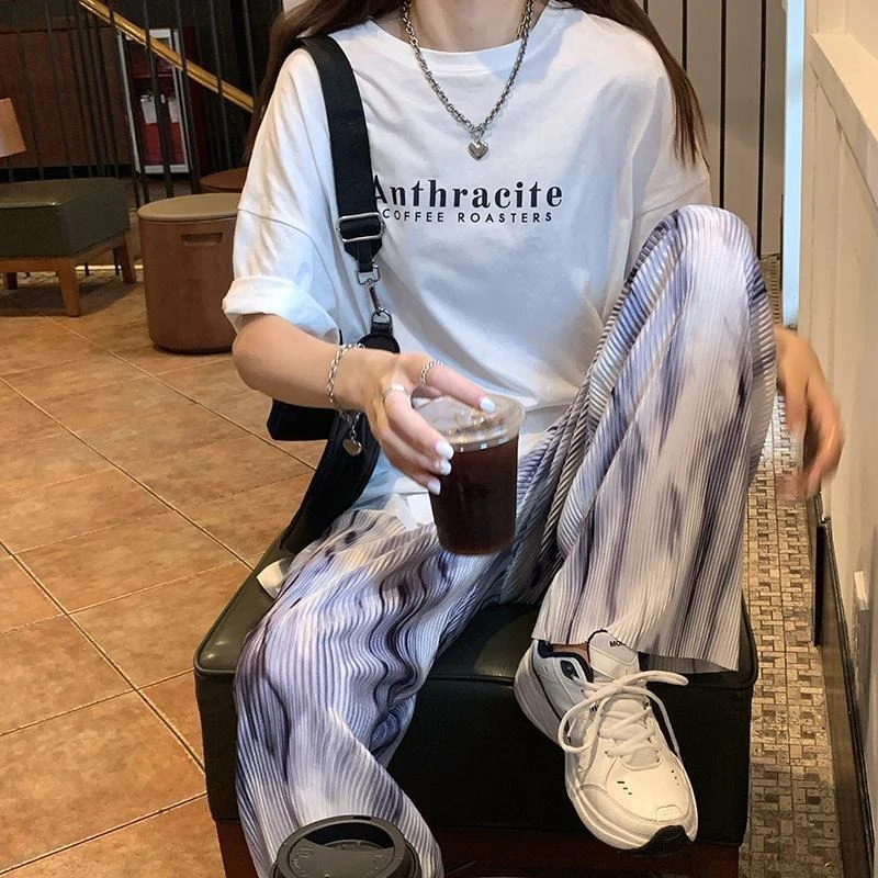 Trendy Tie Dye Wide Leg Pants for Women Paper Bag Waist High Waist Casual Trousers Long Length - view 6