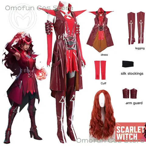 MV Rivals Scarlet Red Super Hero Witch Cosplay Wanda Cosplay Costume Women Trench Cape Roleplay Game Event Halloween Fullset