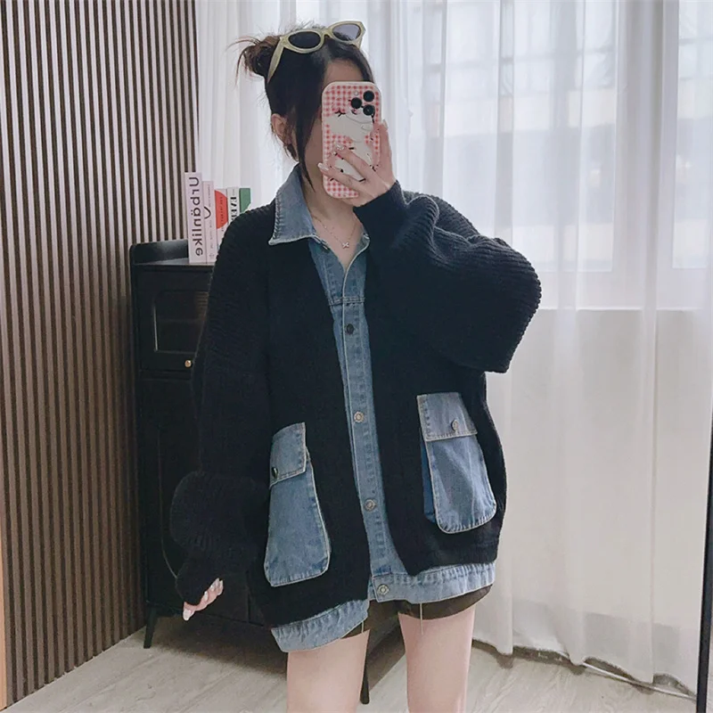 Korean version fake two-piece sweater jacket women 2024 autumn&winter new trend loose fitting patchwork denim open knit tops