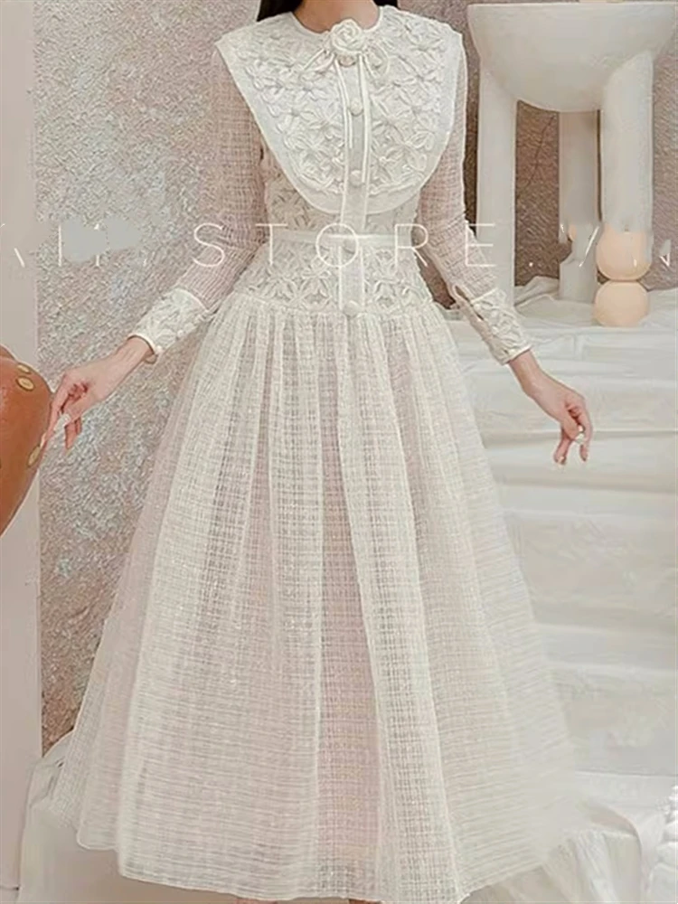 Vintage Lace Woman High Waist Autumn Elegant 2023 Dress Luxury Embroidery Party Runway Long Sleeve Boho Spring Dresses Women