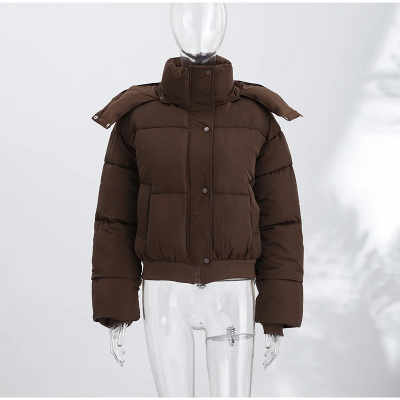 Women's Cropped Puffy Jacket Detachable Hood Drawstring Waist Drop Shoulder Long Sleeve Loose Padded Winter Down Jackets