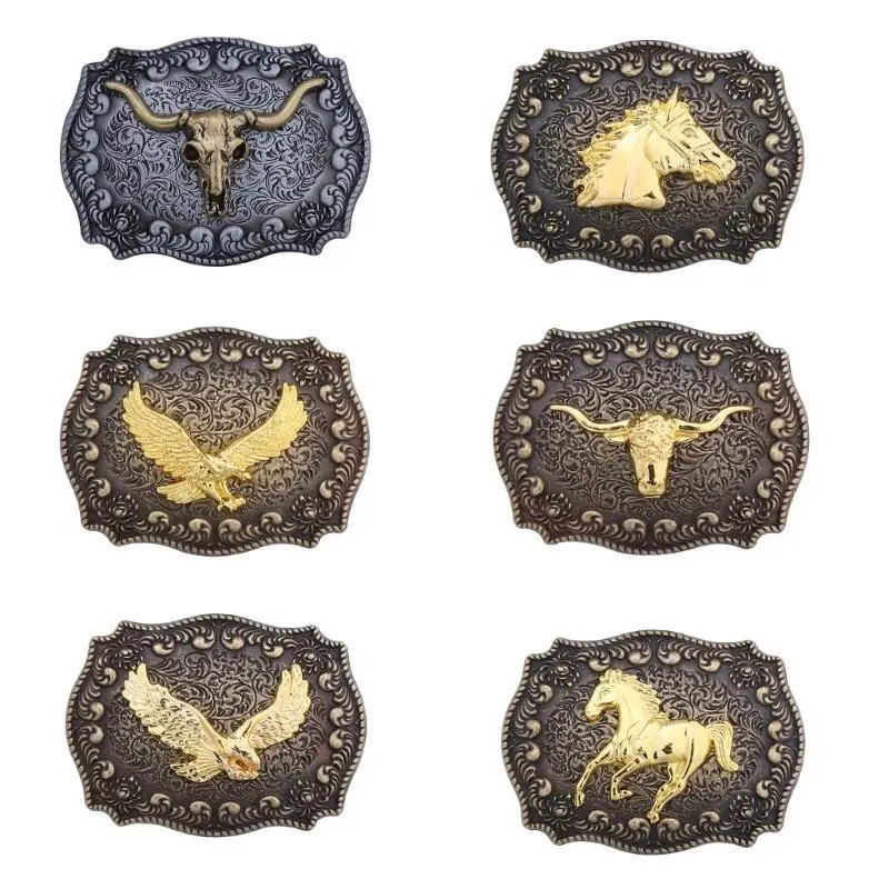 39BD Vintage Multiple Color Carved Pattern Belt Buckle Metal Adult Teenagers Belt Buckle Replacement DIY Craft Belt Buckle