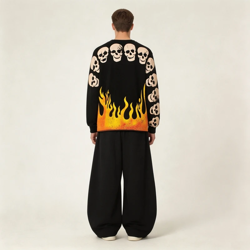 Herbst-Flammen-Totenkopf bedrucktes T-Shirt für Männer, Waffel-Langarmshirt, Oversize Boxy Relaxed Fit Vintage Streetwear Sweatshirt – Detail 4