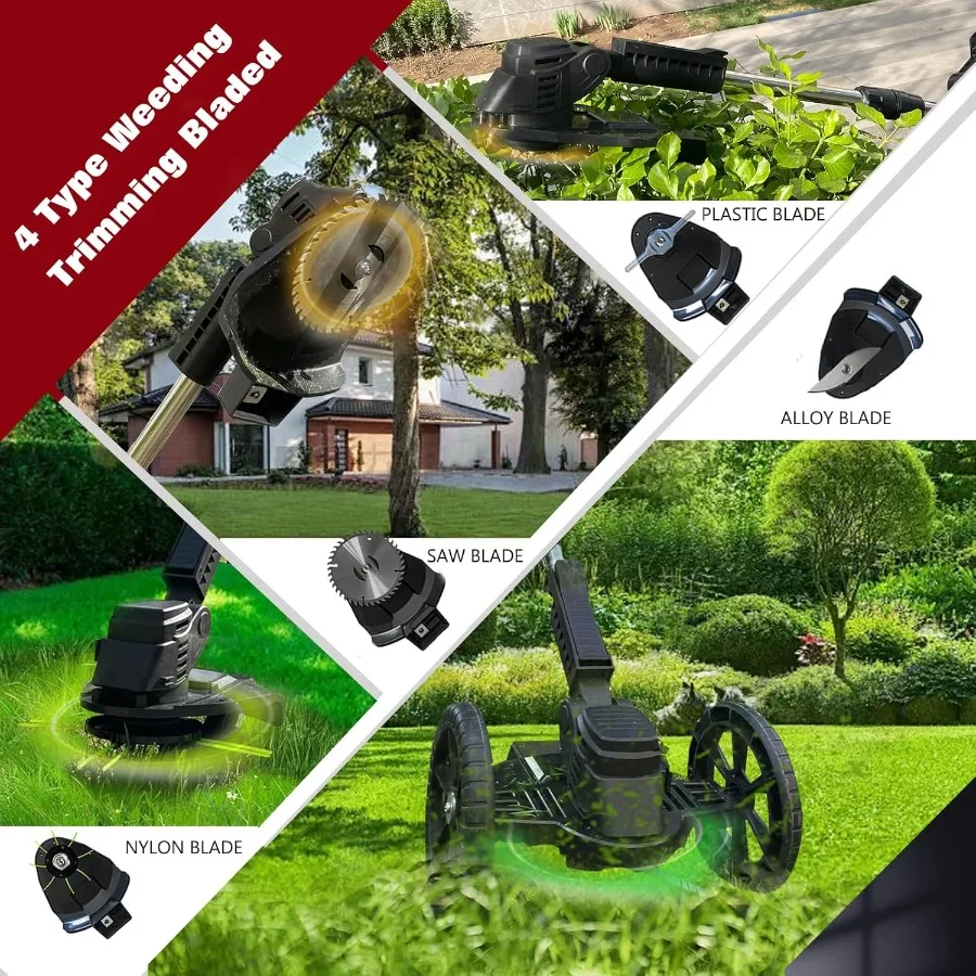 Elektryczny podkaszacz do trawy, akumulatorowy, bezprzewodowy, 21V, lekki, bez sznurka, z 2 akumulatorami, z kółkami, 3 w 1