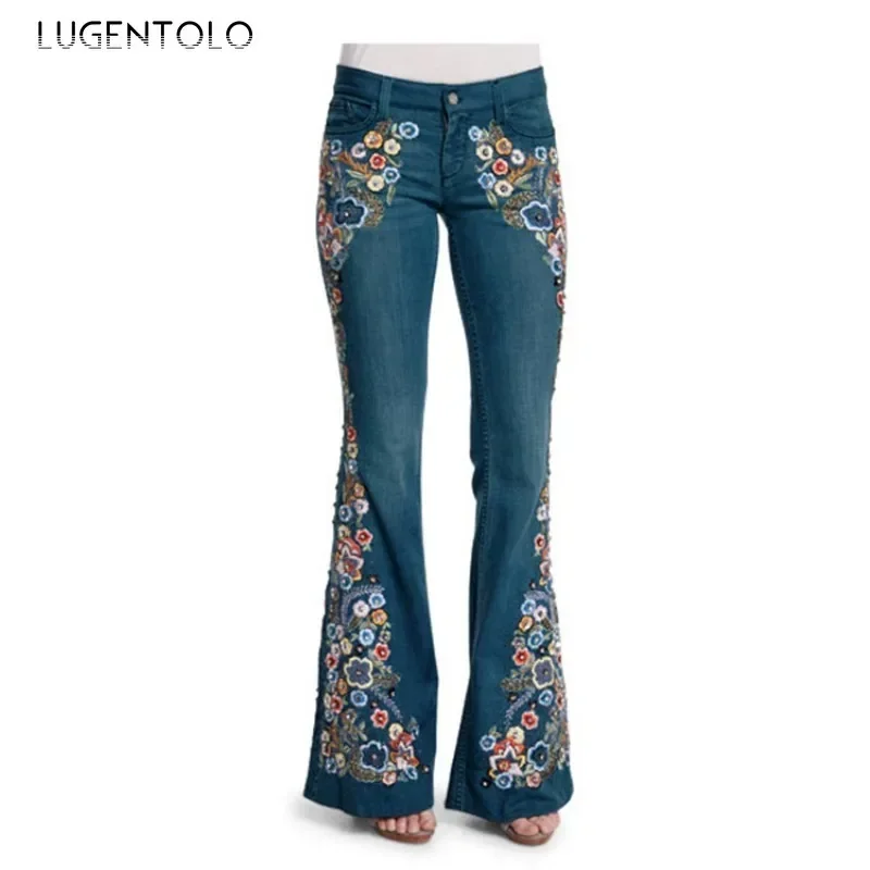 Women Casual Jeans 2025 Vintage Washed Floral Embroidery Comfortable Stretch Slim Flared Pants Fashion Commute Available 4XL