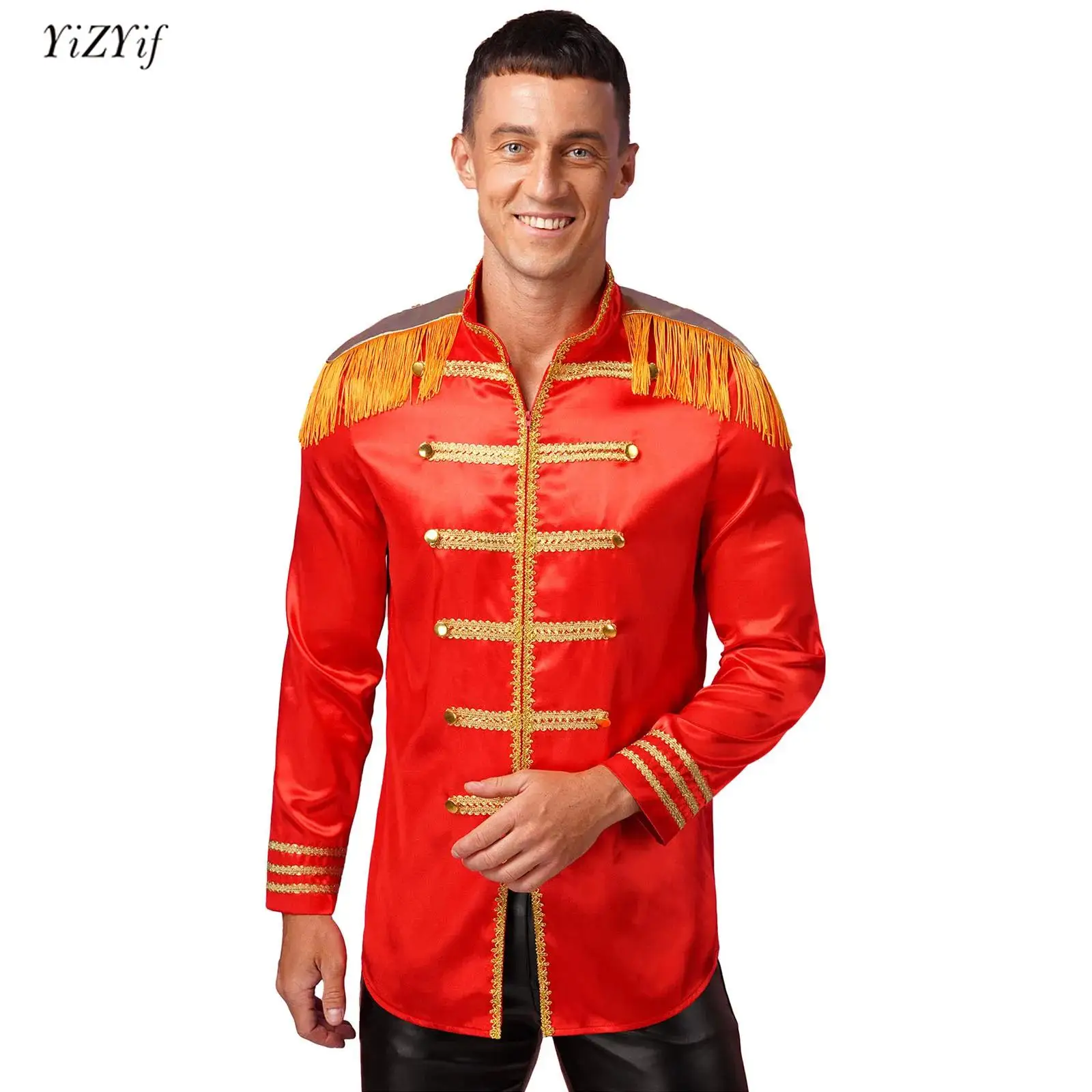 

Men‘s Halloween Hippy Medieval Party Cosplay Costume Tassel Shoulder Boards Gold Trims Front Zip-up Satin Jackets Long Outerwear