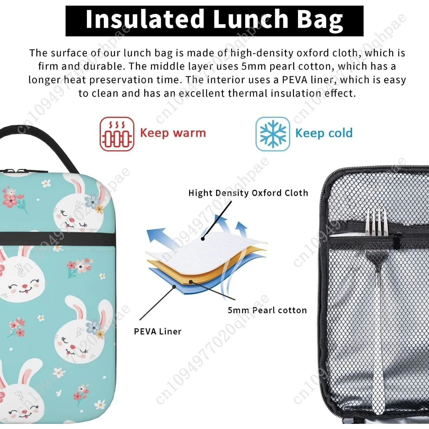Bunny Lunch Box Insulated Lunch Bag for Girls Boys Reusable Leakproof Cooler Portable Rabbit Tote Lunchbox for Work Office Trave