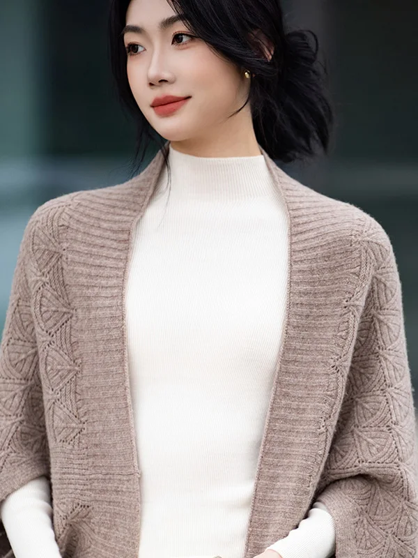 

100 Pure Wool Open Cardigan Sweater Women's Loose Red Outerwear Shawl Cape Autumn Winter Fashion Accessories