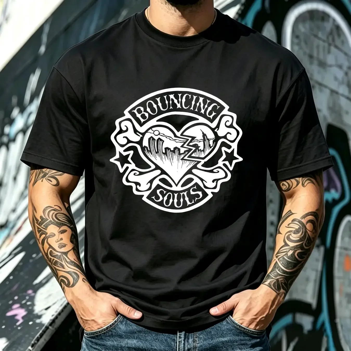 washed T Shirt bouncing souls rocker heart vintage Washed Casual Comfortable Unisex Slightly Stretched graphic Breathable Soft