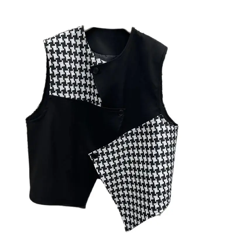 

Houndstooth Stitching Outerwear Vest Jacket Women's 2022 Spring New Design Small Popular Style Sleeveless Vest Waistcoat Tide