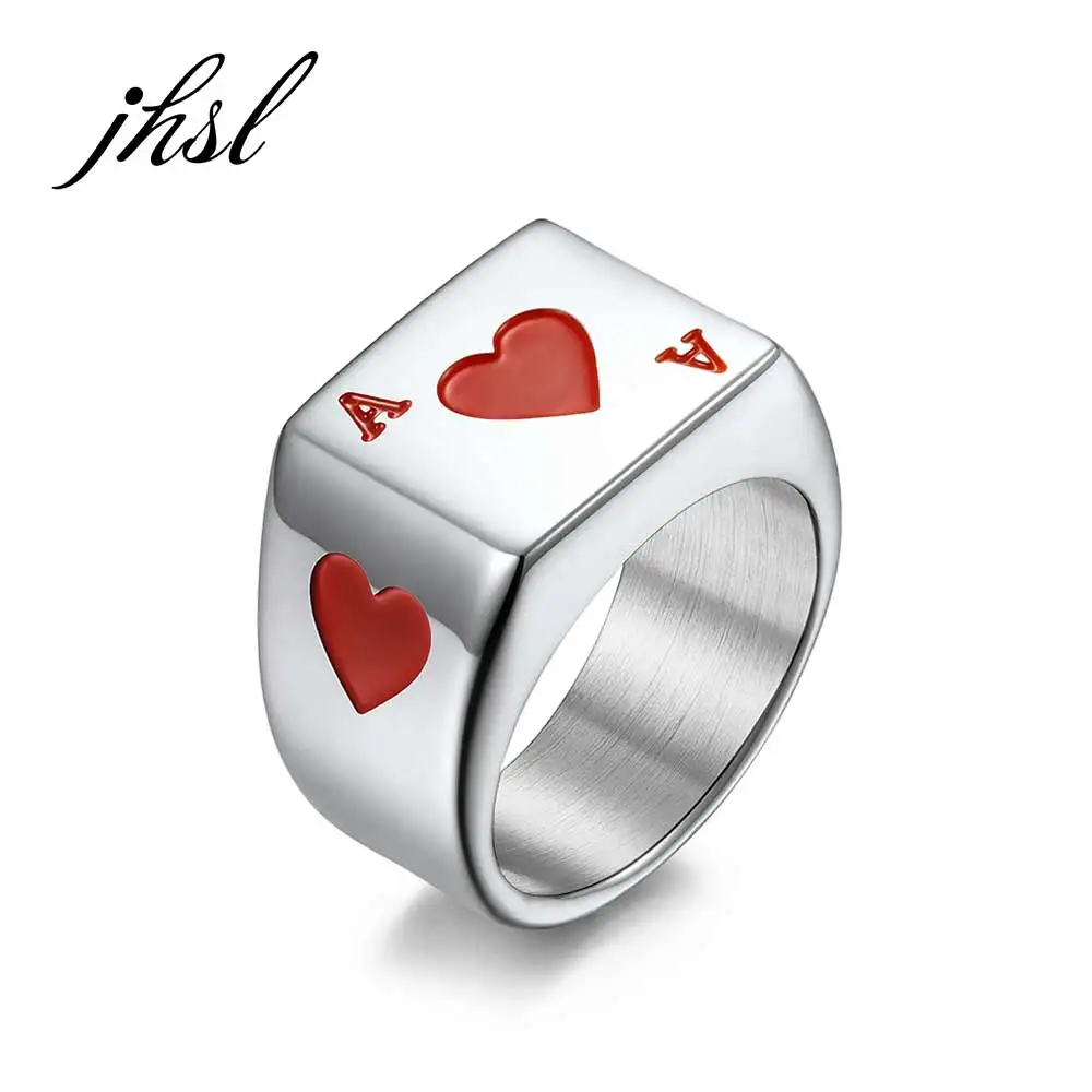 JHSL Big Large Heart Spade Ace Poker Rings for Men Silver Color Stainless Steel Fashion Jewelry Gift Size 7 8 9 10 11 12