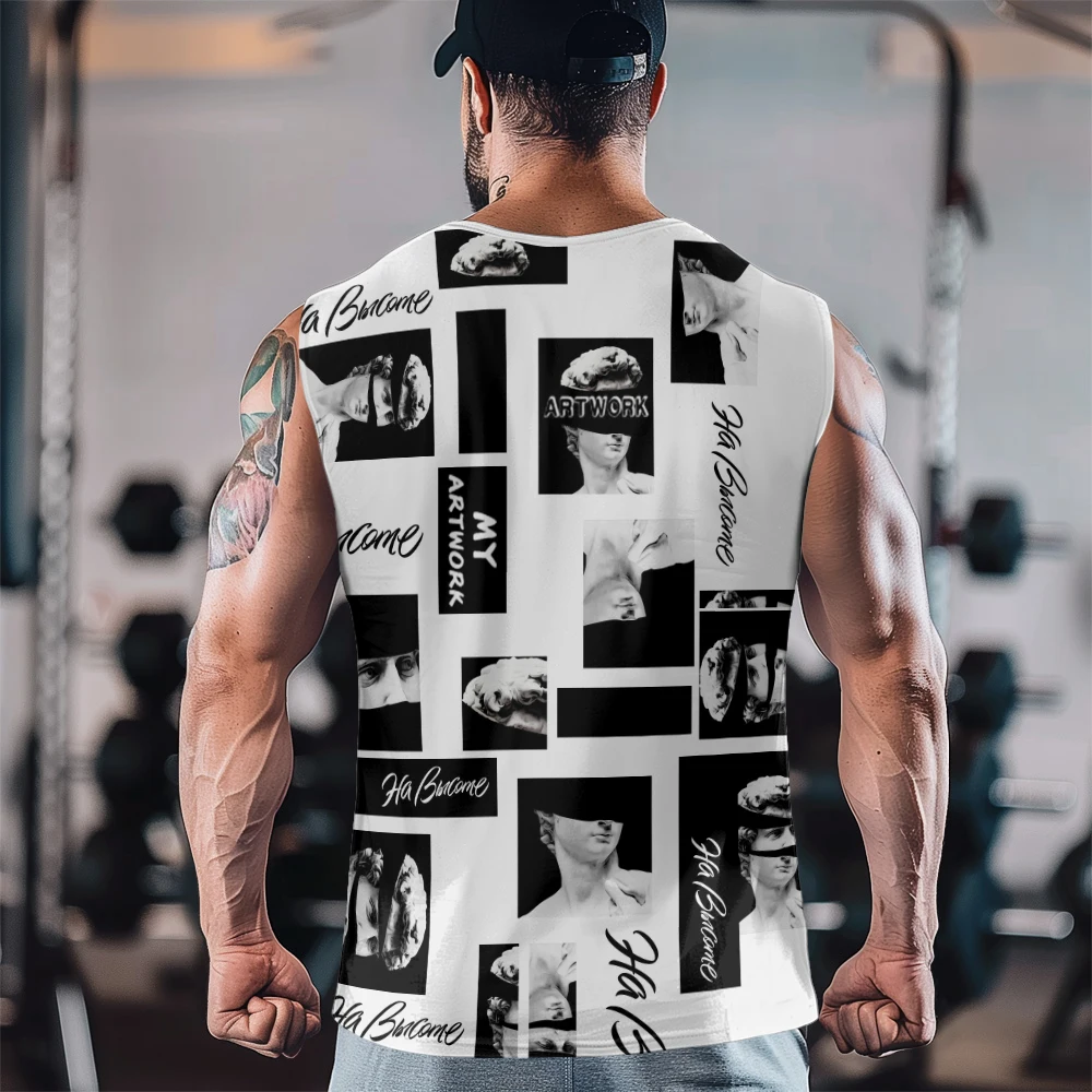 Sculpture Magazine Splice Print Gym Casual Tank Top Sleeveless Thin Train Vest Youth Men's Sports Fitness Vest