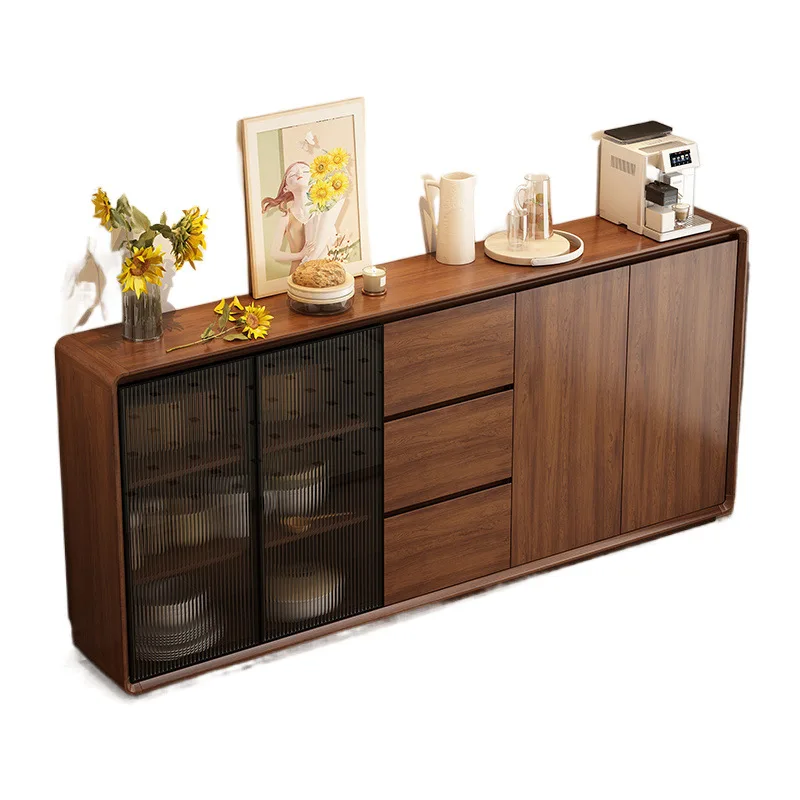 The side cabinet is integrated against the wall, solid wood color, living room storage, tea, kitchen cupboard storage