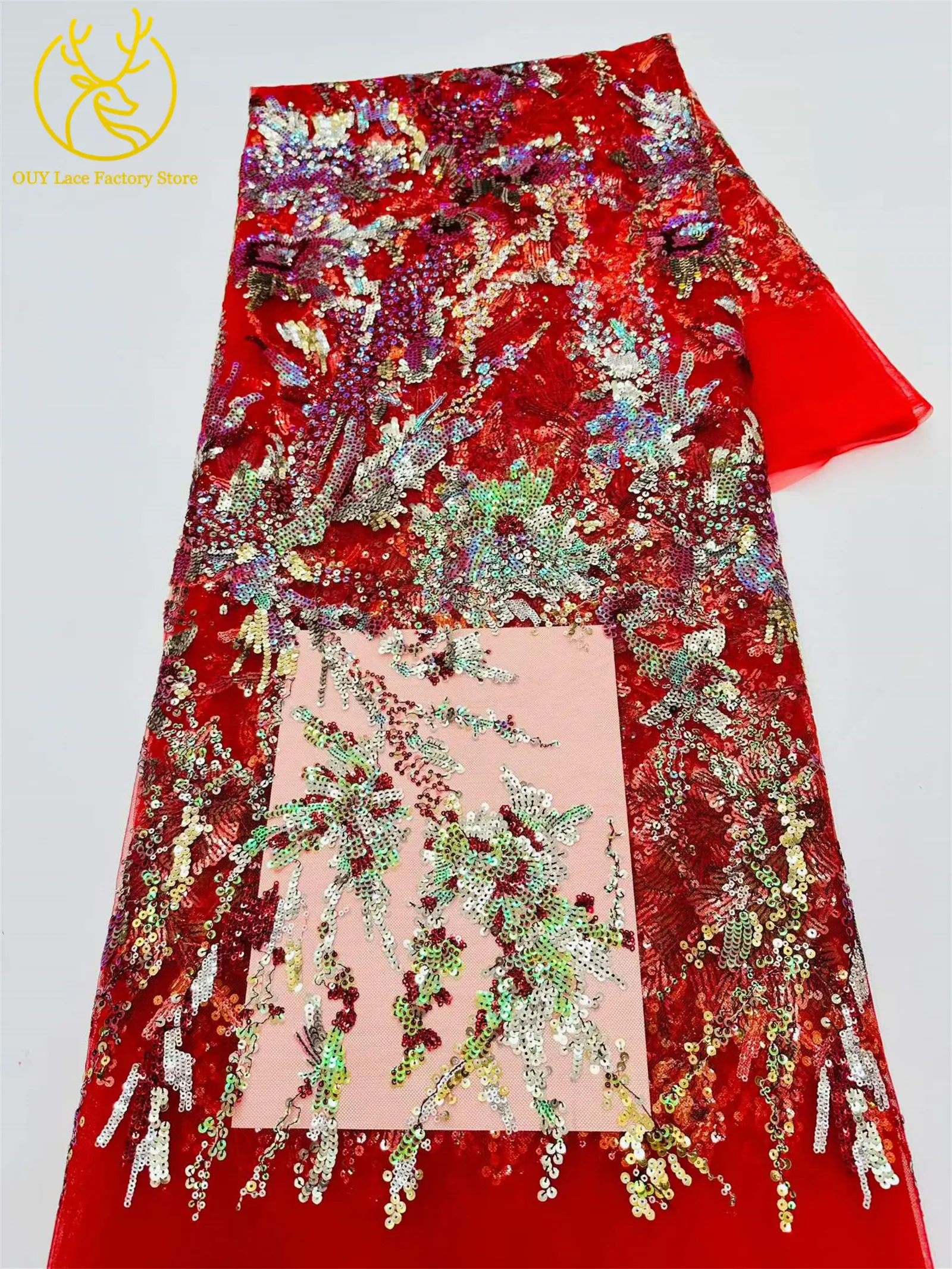 Roter afrikanischer Pailletten-Spitzenstoff, 5 Yards, hochwertiger, eleganter französischer Stickerei-Spitzenstoff für Hochzeits- und Abendkleider zum Nähen – Detail 9