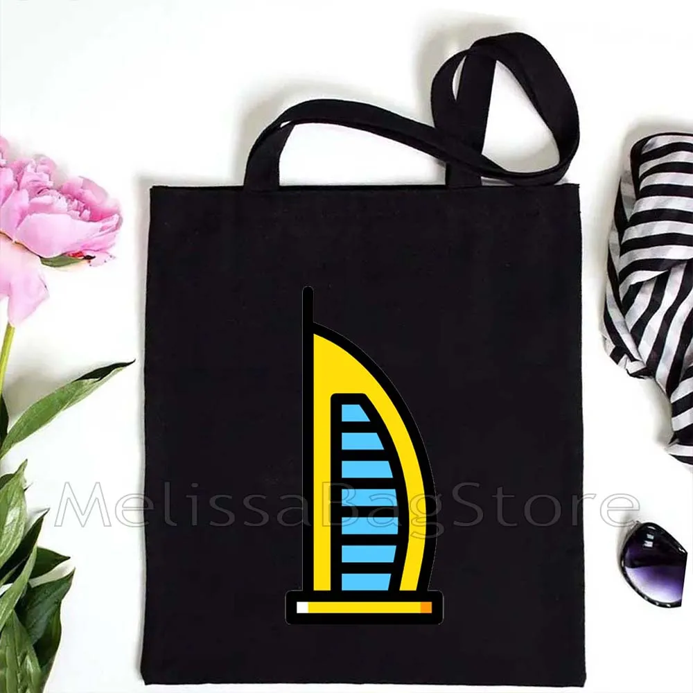 UAE Emirati Skyscraper Burj Khalifa Love Heart Dubai Skyline Retro United Arab Emirates Sunset Canvas Tote Bag Shopper Handbag