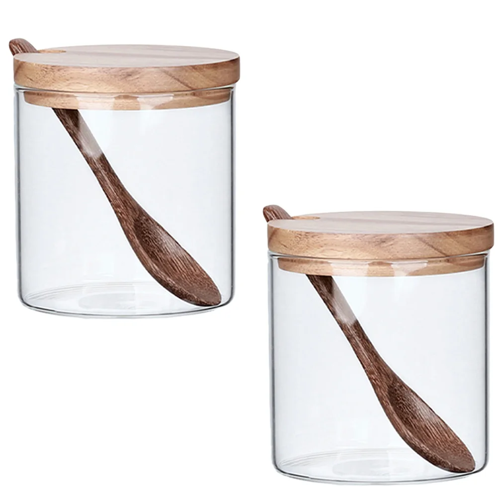 

2 pcs Spice Jar Glass Containers Large Capacity Condiment Storage Set Acacia Wood Lid Seasoning Spoon Salt Pepper Bottle Kitchen