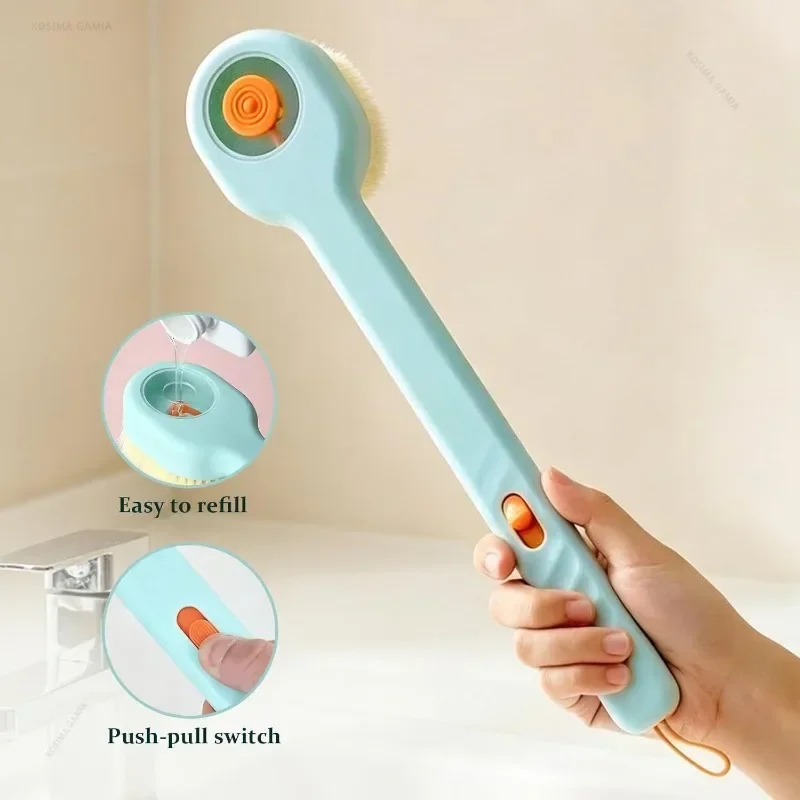 Soap Dispensing Shower Brush, Long Handle Soft Bristle Back Scrubber, Exfoliating Deep Clean Body Scrub Bathroom Accessory