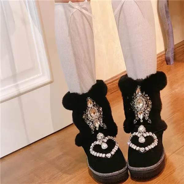 Super Bling Rhinestone Heart Beading Cow suede Snow Boots Crystal Thick Sole Slip On Warm Winter Fur Booties Woman