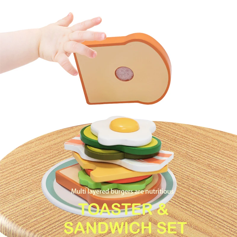 Houten ontbijtspeelgoedset met broodrooster - Kinderkeuken Rollenspel en vroege ontwikkeling Gesimuleerde ouder-kind interactie