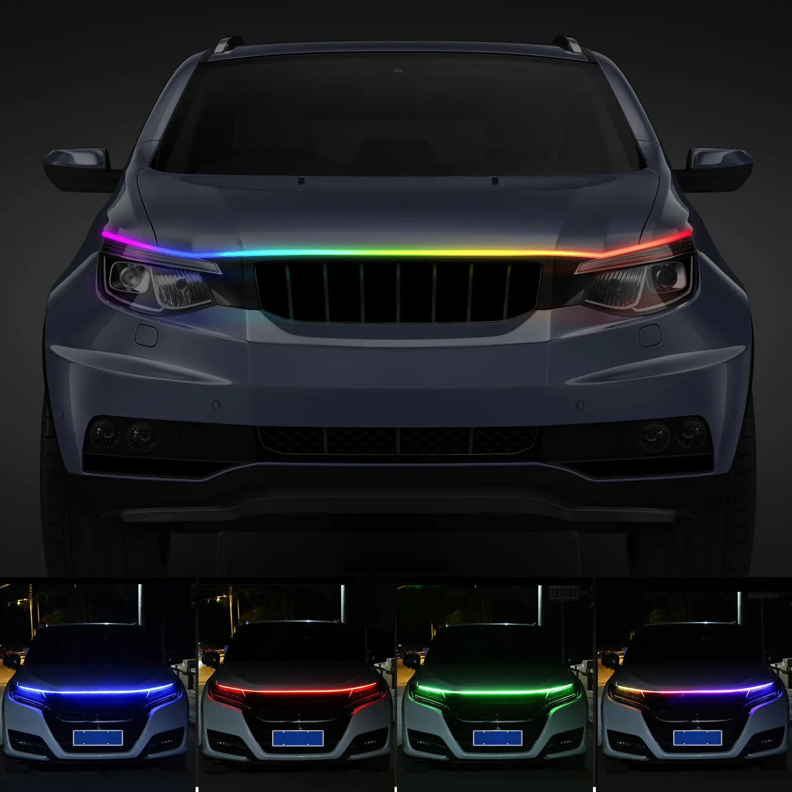 Car Rgb LED Engine Cover Hood Light Strip App Control Exterior Daytime Running Lights Long-Lasting Heat Dissipation Safety