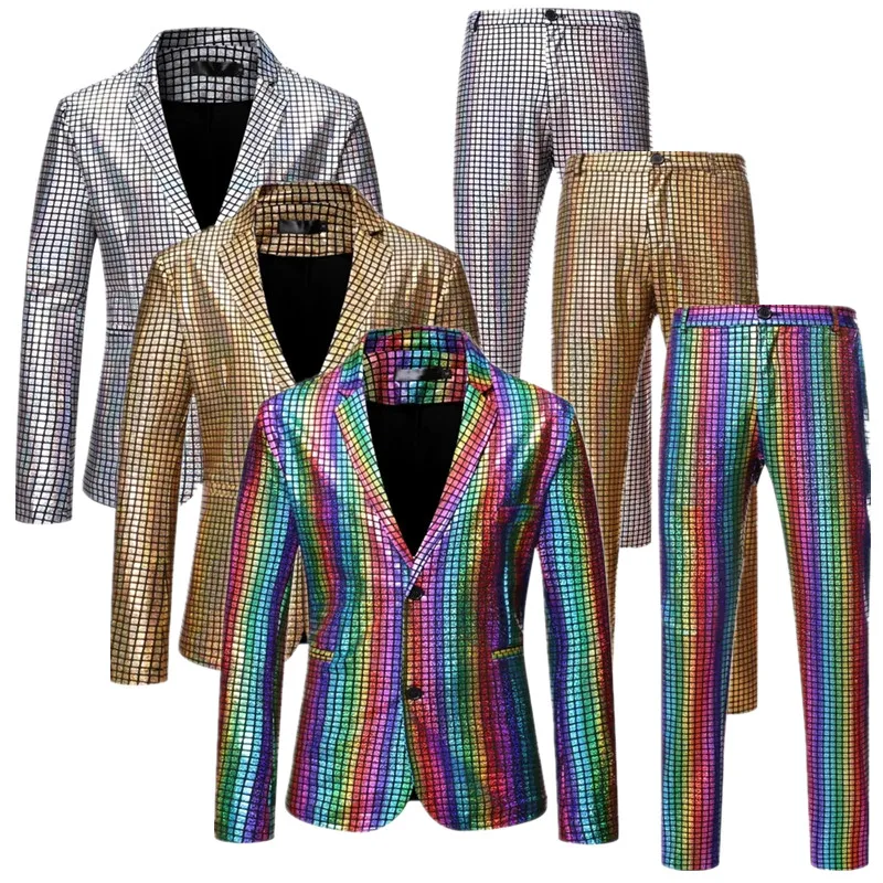 

(Jackets + Pants) New Men Rainbow Plaid Suit 2 Piece Gold / Silver Fashion Luxury Dance Party Performance Dress Sets