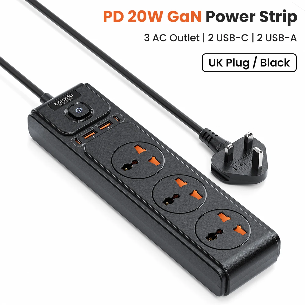 Toocki C35 Stekkerdoos Elektrische aansluiting Aarding 2M Verlengkabel 3AC-uitgang 2 USB-C 2 USB-A PD 20W Snellaadlader