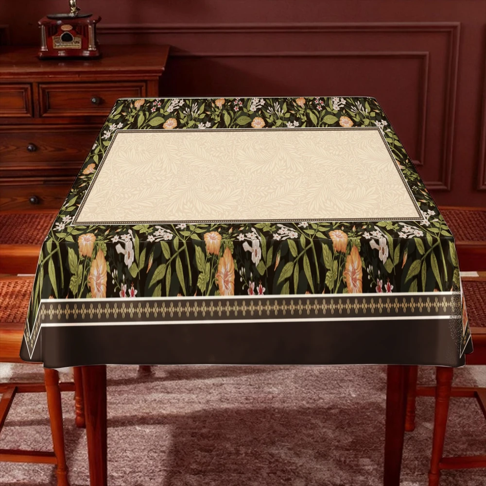 VIKAMA Cream Blue Wild Flower Print Tablecloth, Washable Decorative Border Country Kitchen Table Cover