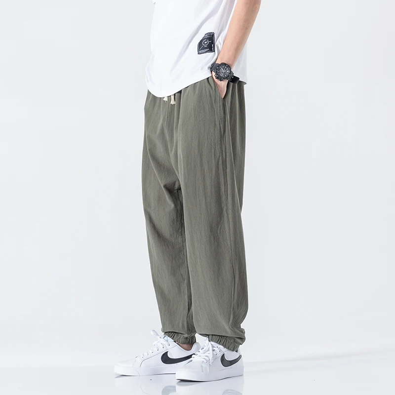 

Мужские летние тонкие хлопковые льняные повседневные брюки, свободные длинные брюки большого размера, спортивные брюки Nine Points Harlan, свободный крой, прямые брюки